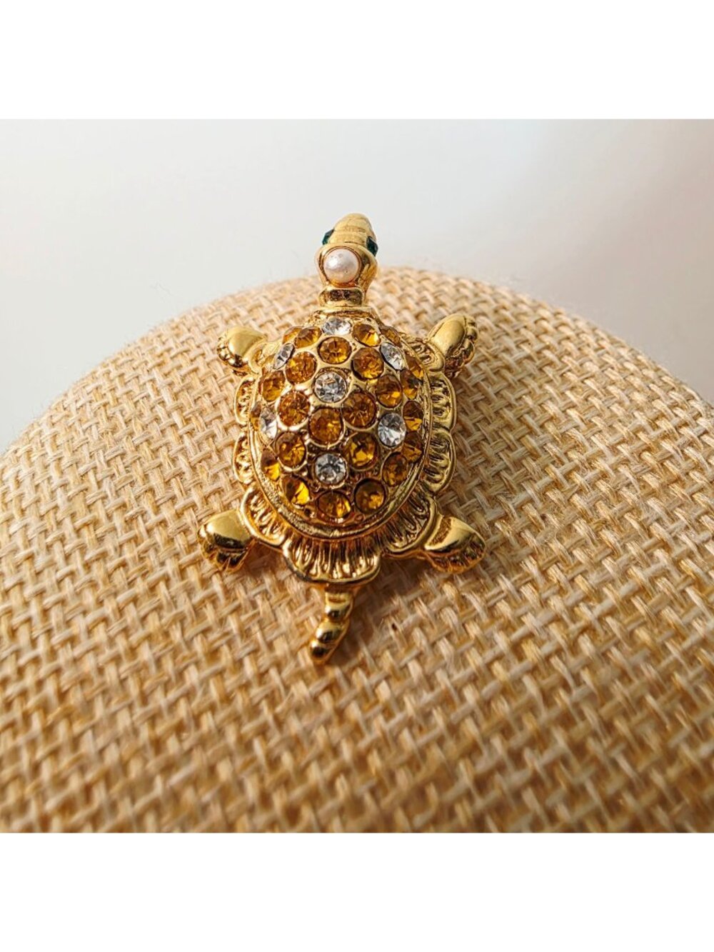 Vtg Gold Tone Turtle Brooch Amber Clear Rhinestones Faux Pearl Green Eyes